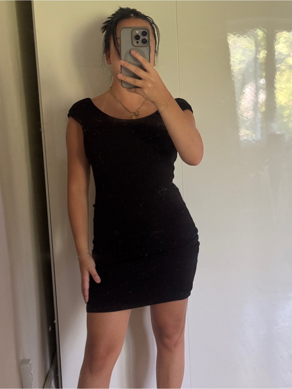 bebe Black Cap-Sleeve Mini Bodycon Dress